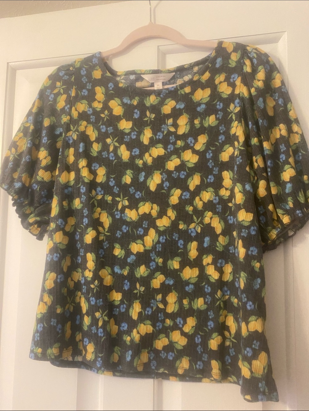 LC Lauren Conrad Black Floral Puff-Sleeve Blouse with Yellow & Blue Accents
